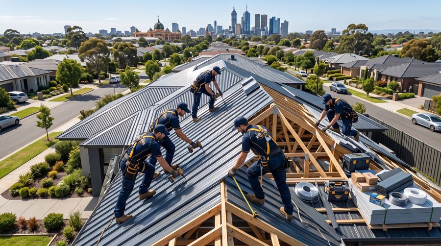 Melbourne Roofing & Home Improvement crew installing a Colorbond roof with the Melbourne skyline behind them