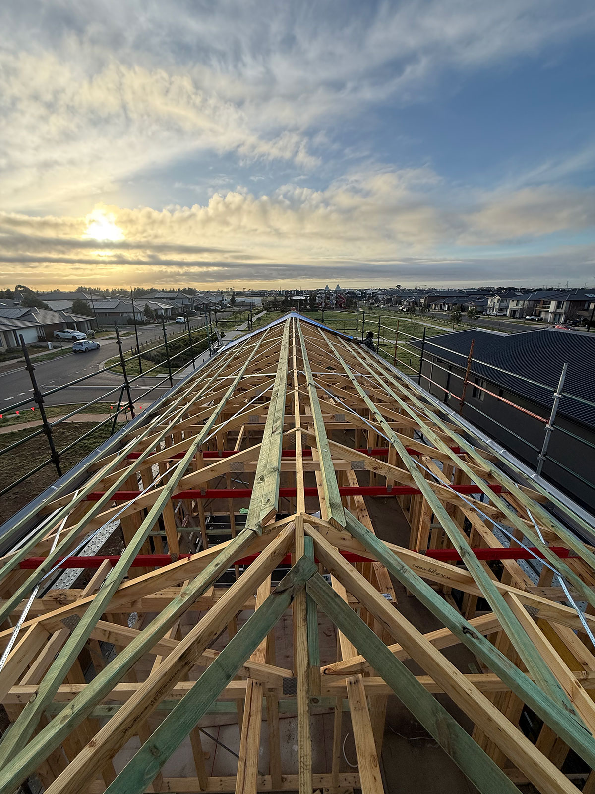 New timber roof trusses under construction on a Melbourne build