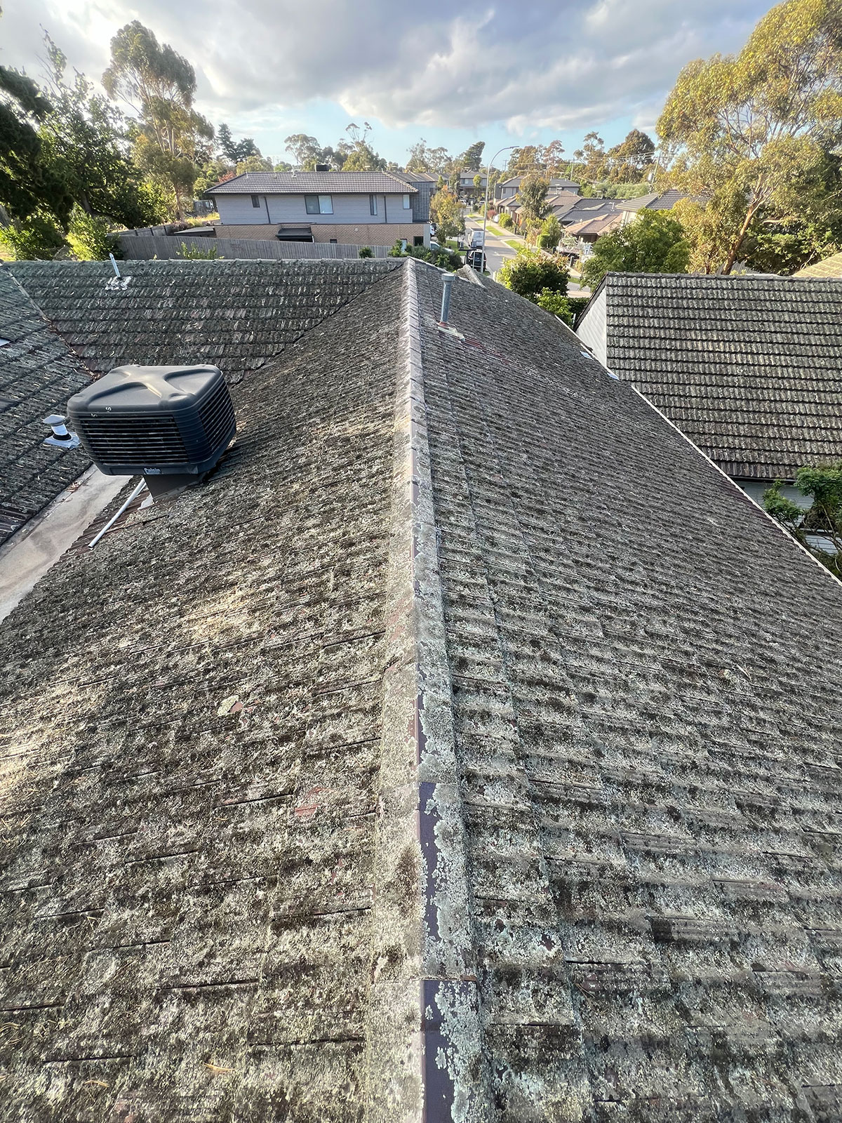 Old moss-covered tile roof before tile-to-tin conversion in Richmond